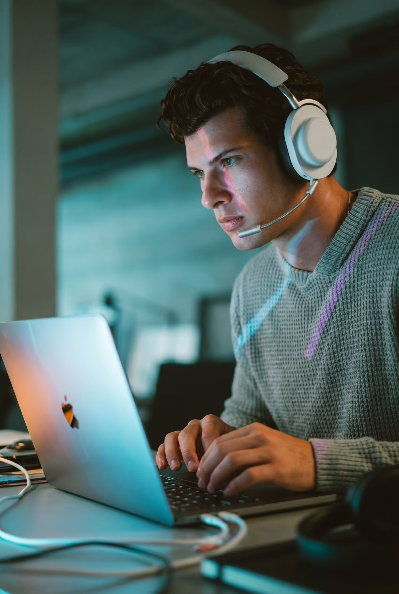 A focused young man wearing a white headset with a microphone, typing on a silver laptop in a dimly lit room illuminated by neon blue and pink lighting.