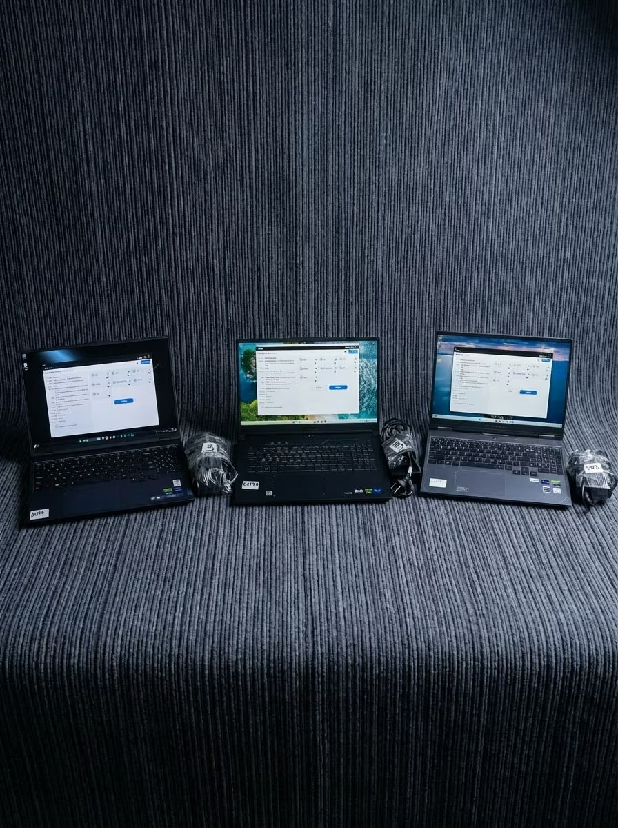 Three high-performance gaming laptops displayed side-by-side on a textured dark background, open and displaying system testing software, each with its corresponding power adapter neatly wrapped next to it.